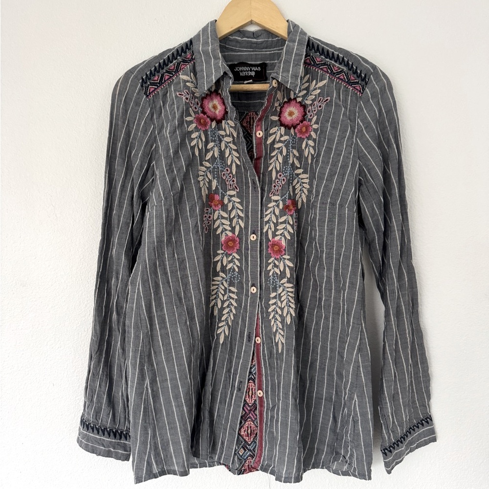 Johnny Was Workshop Embroidered Blue Chambray Stripe Shirt.
